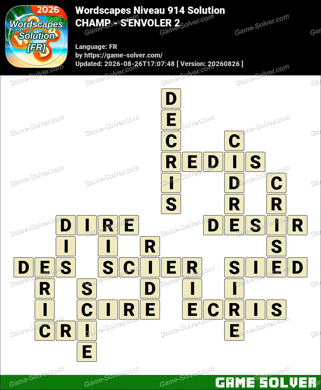 Wordscapes Français Niveau 914 Solution — CHAMP – S’ENVOLER 2